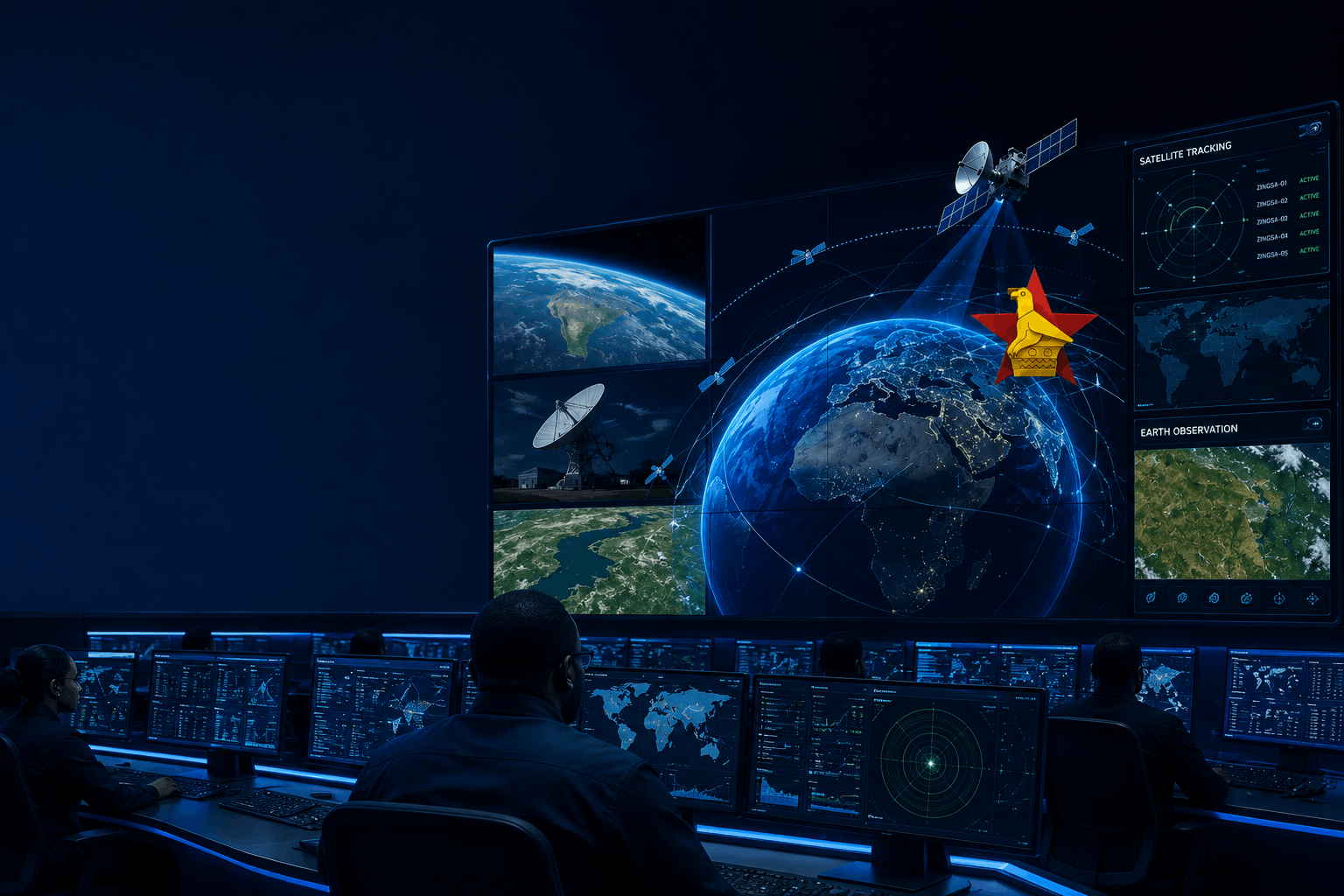ZINGSA mission control with satellite tracking and Earth observation displays